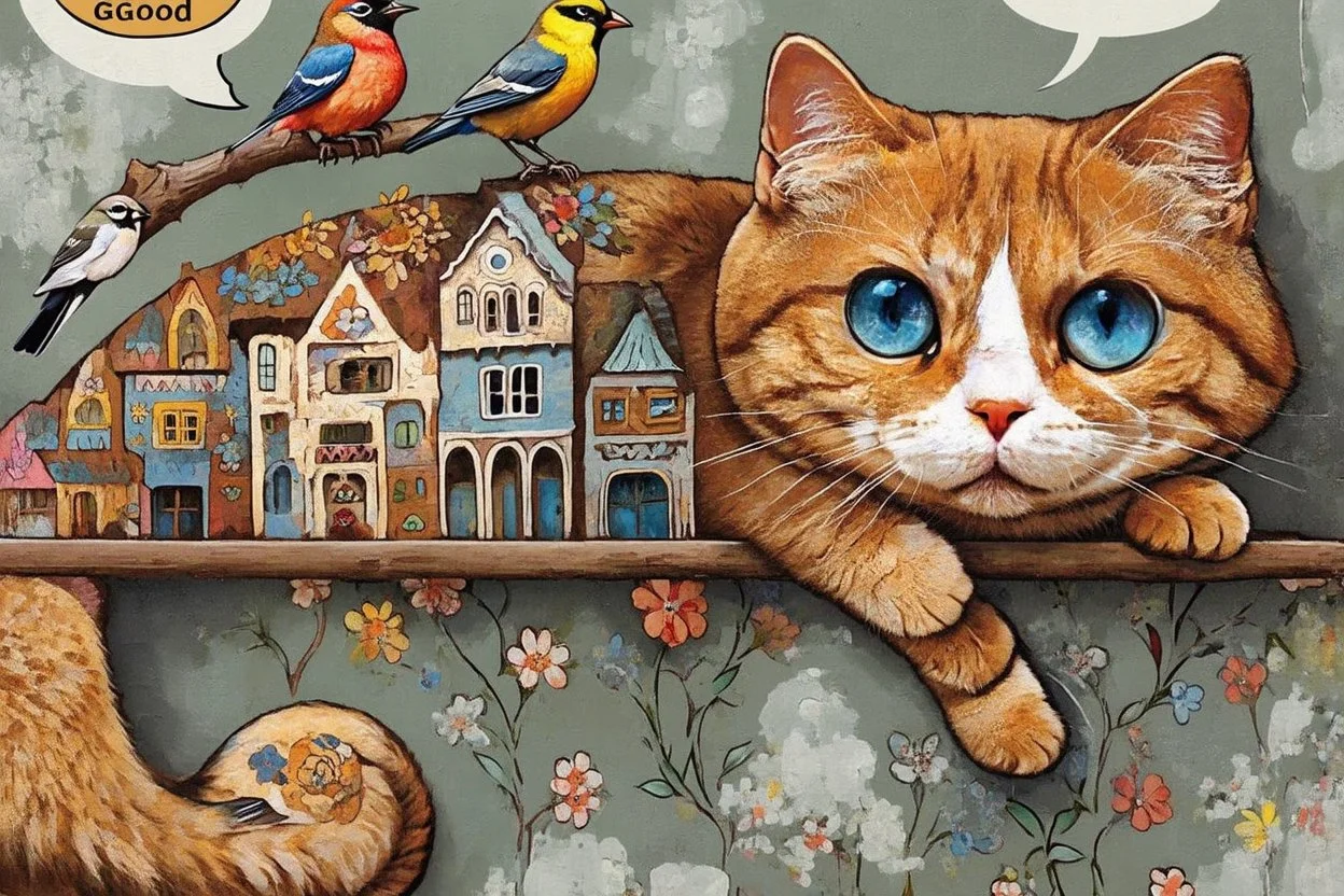 An orange cat with blue eyes, adorned with intricate patterns and stylized buildings paints, hangs precariously from a floral-patterned board, against a mottled gray-green background. It looks directly at the viewer while a speech bubble above its head states "Good Morning". Three stylized birds in various colors and patterns stand on the branch and board above and below the cat, whimsical, expressionist painting, diswashed, Aging effects, Ogata Kōrin style.