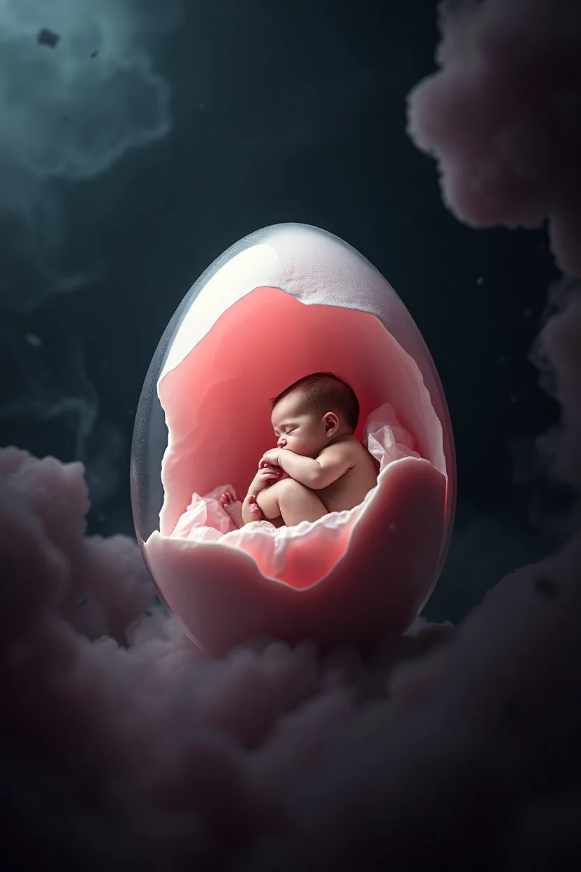 transparent egg with a tiny embryo-baby sleeping inside the pale pink, dreamlike atmosphere, very detailed, impressive, cinematic, random dark, stormy, background