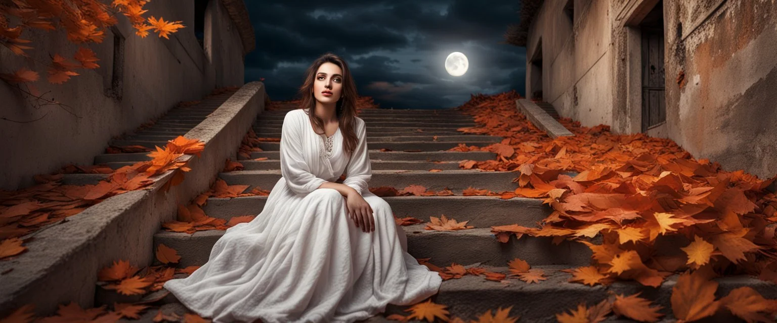 Hyper Realistic Photographic-zoomed-face-view Of a Beautiful Pashto Woman with Beautiful Eyes in White Dress Smiling & sitting alone on the Wide-angle-Beautiful-Staircase Of A Huge-Abandoned-Dark-&-Detailed-Crafted-Fort In An Autumn Season with dried Orange Leaves on the land with cloudy-moonlight dark night showing dramatic & cinematic ambiance.