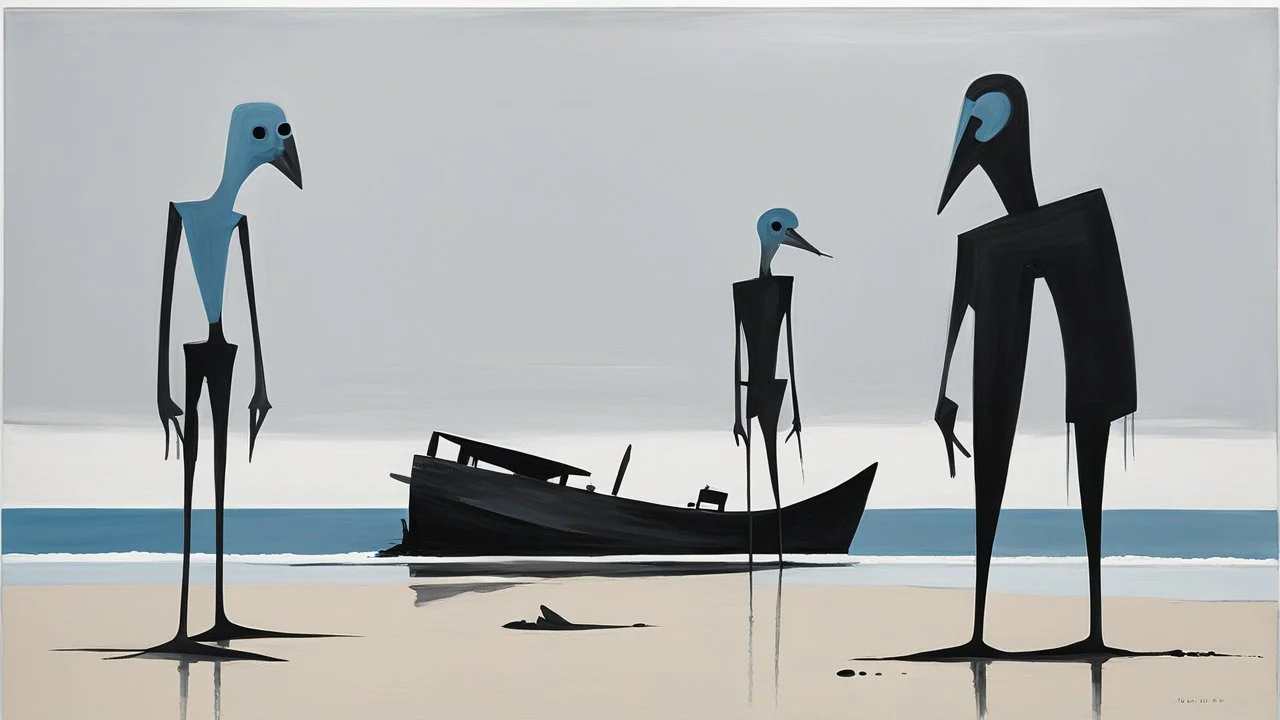 long-legged lean black-grey figures with beak-shaped heads (wearing white khiton) standing in front of a boat wreck on a radioactive beach, acrylic painting, minimal art, centered, wild sparse brushstrokes, amazing verticals, great parallels, low bleak colors of gray, blue and black, excellent negative space contrasts