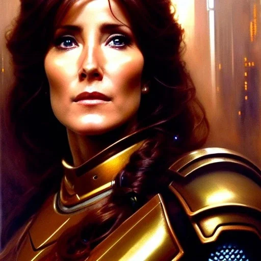 portrait beautiful face Laura Roslin - Battlestar Galactica,busty,ancient metal armor balanciaga fashion clothe painting by gaston bussiere, greg rutkowski, yoji shinkawa, yoshitaka amano, tsutomu nihei, donato giancola, tim hildebrandt, oil on canvas, cinematic composition, extreme detail,fit full head inside picture,16k