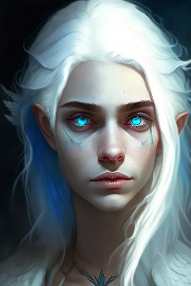 hauntingly beautiful character for dnd, young woman with white hair and blue eyes, angel