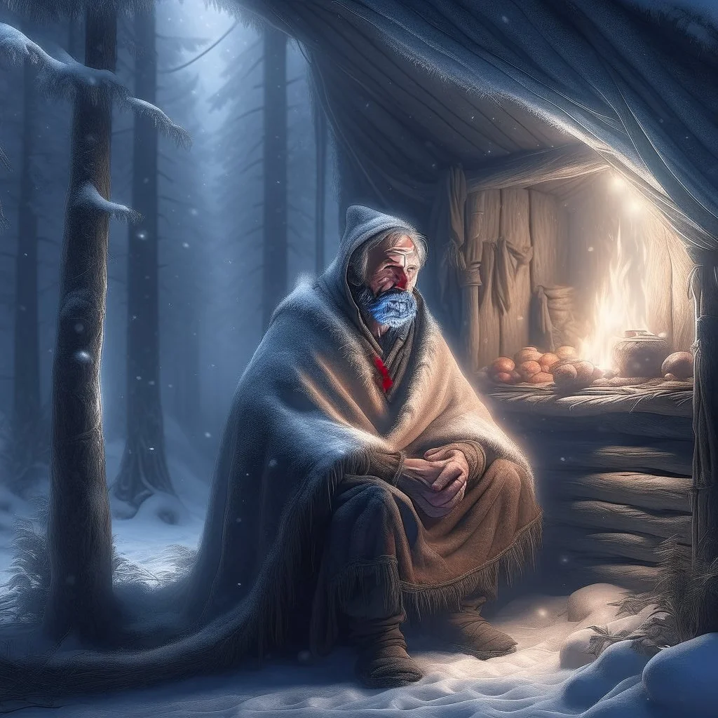 john travolta as father xmas in cosy hut in snowy misty forest, 8k, down-light, soft light, depth of field, photo realism, trending on art station, high detail