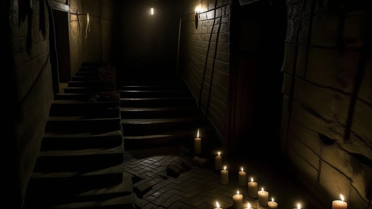 Walking in the dark basement with cautious steps, using candles to light the way, and hearing the voices of evil spirits trying to scare them.