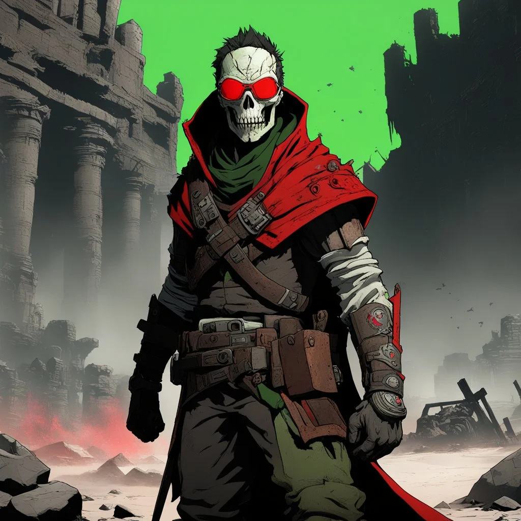[wii No More Heroes style with thick lines] Ultra-detailed 8K image in a post-apocalyptic style shows a warrior with red hands and a skull, and fluorescent green goggles. The face and hands are realistically textured, revealing the cracked surface and veins beneath the skin. A ragged linen cloak billows in the wind. The background is a dark wasteland with ruins and a figure on a horse. Chiaroscuro and muted colors emphasize the gloomy atmos