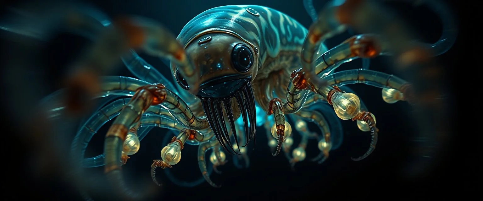 master oil painting by Rembrandt, good afternoon Fathomlurker "An abyssal creature with translucent skin revealing writhing organs, many spindly legs and elongated fingers, eyes like lanterns scattered across its body, tentacles that ripple silently, lurking in black depths, almost invisible, emitting an eerie blue glow." pin hole cam, twisted perspective, goa trance music poster, awake within a psychedelic mushroom dream, with some motion blur background, and hyper depth perception layout