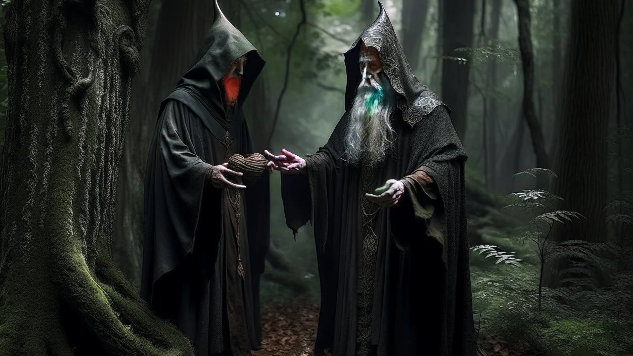 The hooded sorcerer and the king in the forest