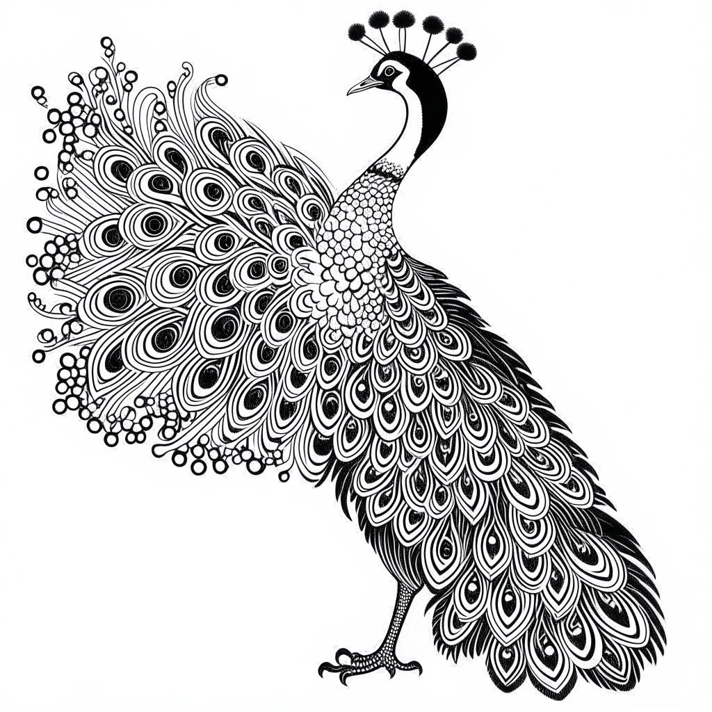 white, A peacock decoration, line art, white background, outline, with images neatly contained within the background, just black and white color, full body, no color. Looking front , front view, 8k