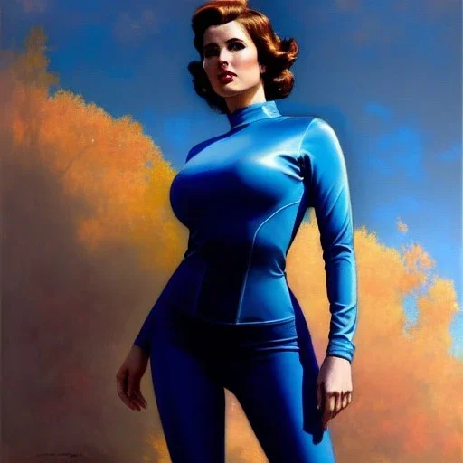 Drawing of beautiful face,'beautiful,Busty fit Sexy Vault Woman- Fallout 4 ',intense stare, ancient blue skintight suit, balanciaga fashion clothe painting by gaston bussiere, greg rutkowski, yoji shinkawa, yoshitaka amano, tsutomu nihei, donato giancola, tim hildebrandt,KyuYong Eom,Ren Wei Pan Oil on canvas, cinematic composition, extreme detail,fit full head inside picture,16k