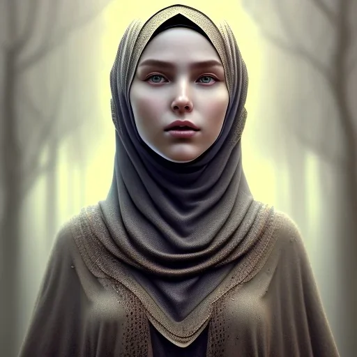 close up portrait of fog as woman in hijab, fine detail, highly intricate, modern surrealism painting, defined cracks and breaks, high-quality, volumetric lighting, 8k, ultrahd, George Grie, Marco Escobedo, Igor Morski,Brian Froud, Howard Lyon, Selina French,