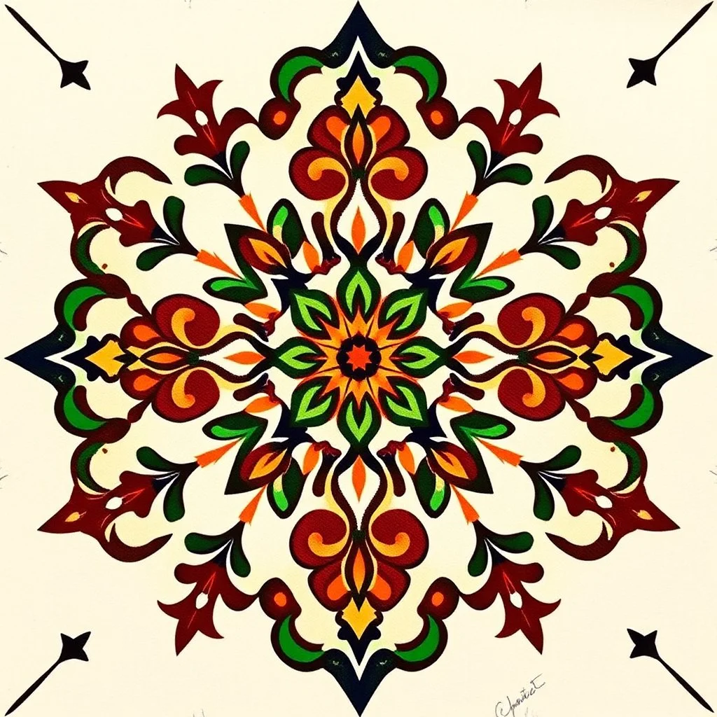 Symmetrical Looking Colorful Pakistani Cultural Art Pattern With Traditional Looking Floral Patterns Drawn (Using Colors Like: Glowing Golden, Orange, Maroon, Green, Brown and a little Navy-Blue) On Wall Background.