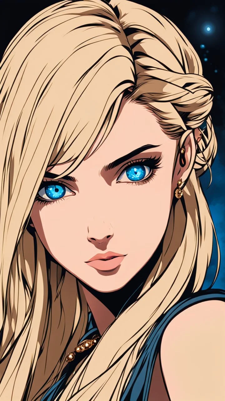 portrait of a pretty young girl with blonde hair one blue eye and one brown eye. Dark fantasy