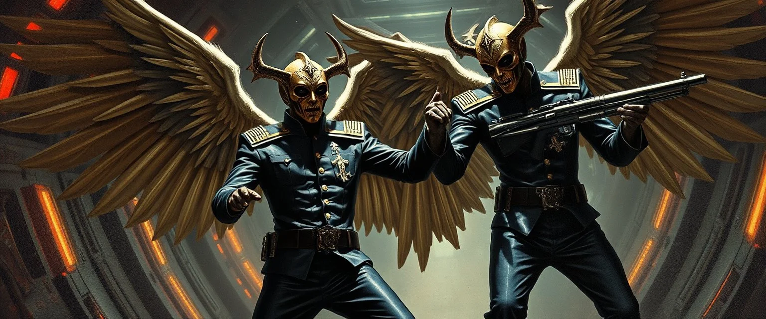 master oil painting by Rembrandt, angel Nephilim alien Elvis fascist hero watchers glistening uniform with insignia, dancing weapon dance in messed up space ship, in the style of Giger