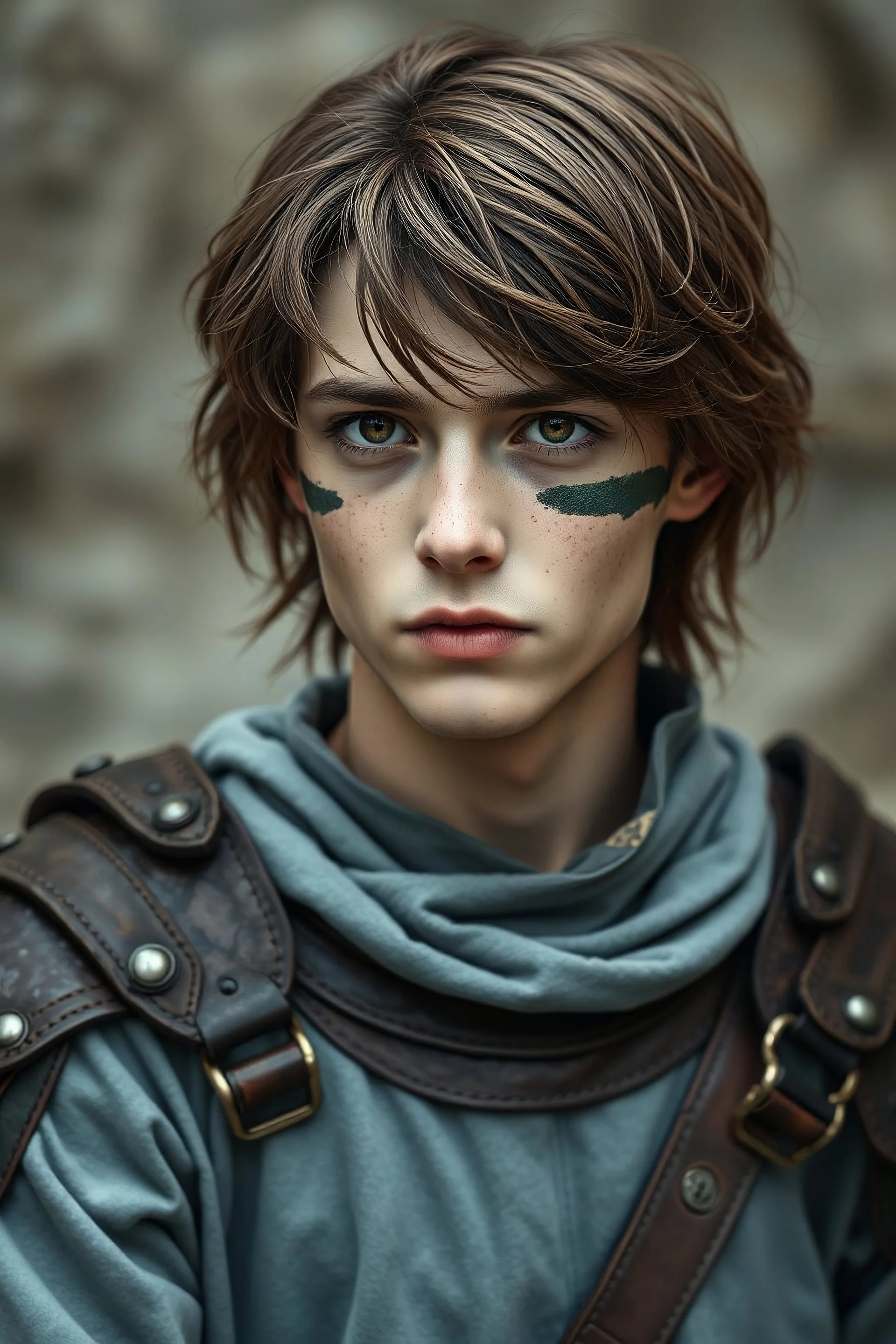 A 15 year old human male with shoulder length brown hair with brown eye's who is good looking, dressed in plain pale blue clothes and leather armour, realistic epic fantasy style, large line circle band with spot painted on right cheek