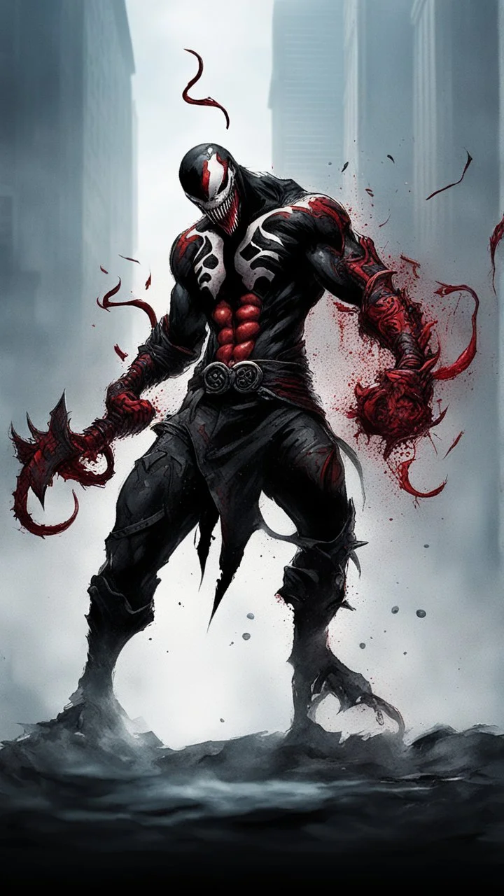 A close picture of Venom symbiote with kratos red tattoos and Clothes, holding blade of choice