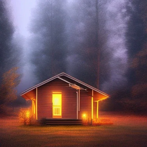 low angle photo mobile-home-park-at-night-haze-fog-8k-hdr