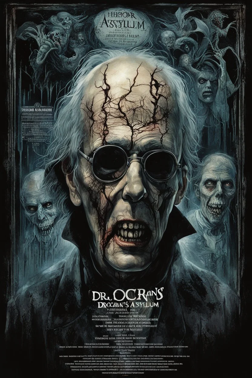 Modern horror Movie poster for text "DR. LOCRIAN'S ASYLUM" by Drew Struzan, a ghostly psychiatrist enraptured by an uncanny nightmare becoming marooned in a haunted corner being driven mad by the ghastliness of it all, surreal horror, style of Stephen Gammell, by Chestley Bonestell, digital collage art, dark colors, (text "DR LOCRIAN'S ASYLUM":1.9), eerie, nightmare, uncanny,