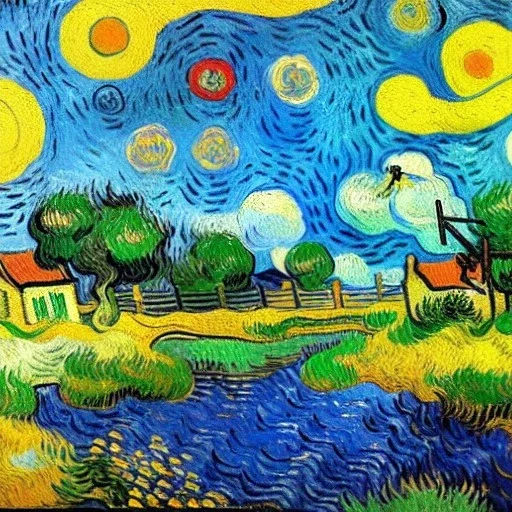 Dibujo al oleo de una pradera con una casa y un rio con una grulla con muchas nubes de colores estilo Vincent van Gogh