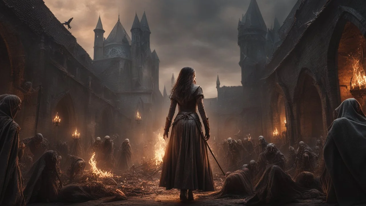 a female sorcerer leading an army of rotting zombies through burning medieval city. fantasy setting. armor melted into the skin. blood. intense horror. blind terror. scared to death. a masterpiece, fantasy concept art, dynamic lighting, hyperdetailed, intricately detailed, deep color, Unreal Engine, volumetric lighting, Epic cinematic brilliant stunning intricate meticulously detailed dramatic atmospheric maximalist digital matte painting