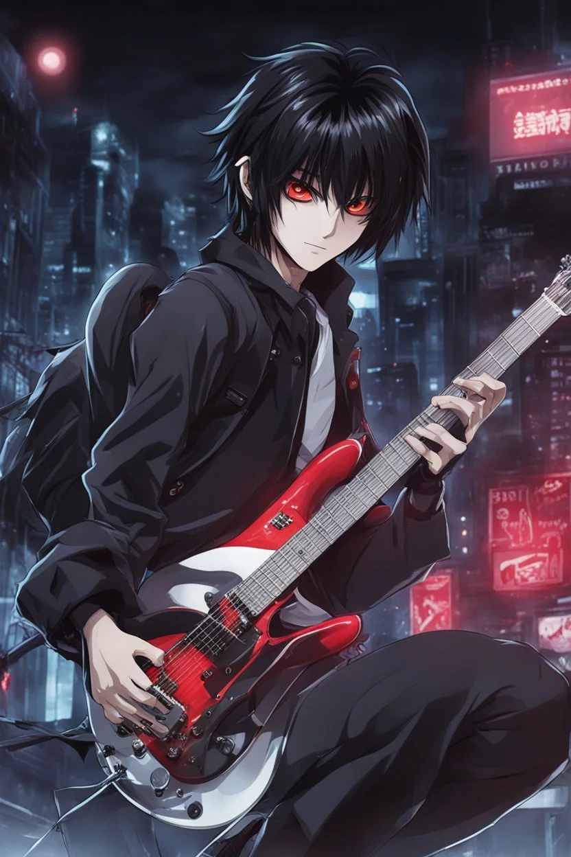 A 25 years old male guitarist playing guitar at a midnight concert, red creepy alien eyes, black hair, athletic build, correct hands, in the style of manga "Rosario+Vampire"