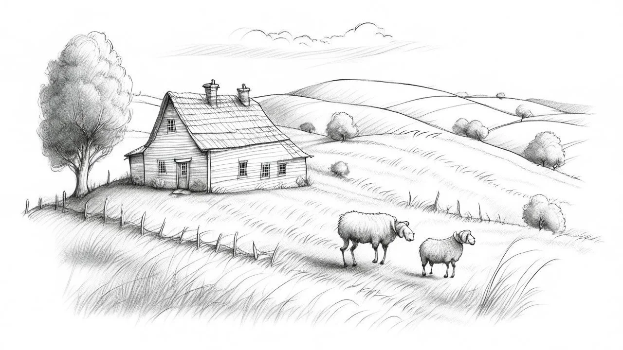 Simple and naive pencil sketches, a cozy countryside cottage surrounded by rolling hills and grazing sheep, with a nostalgic and dreamy atmosphere