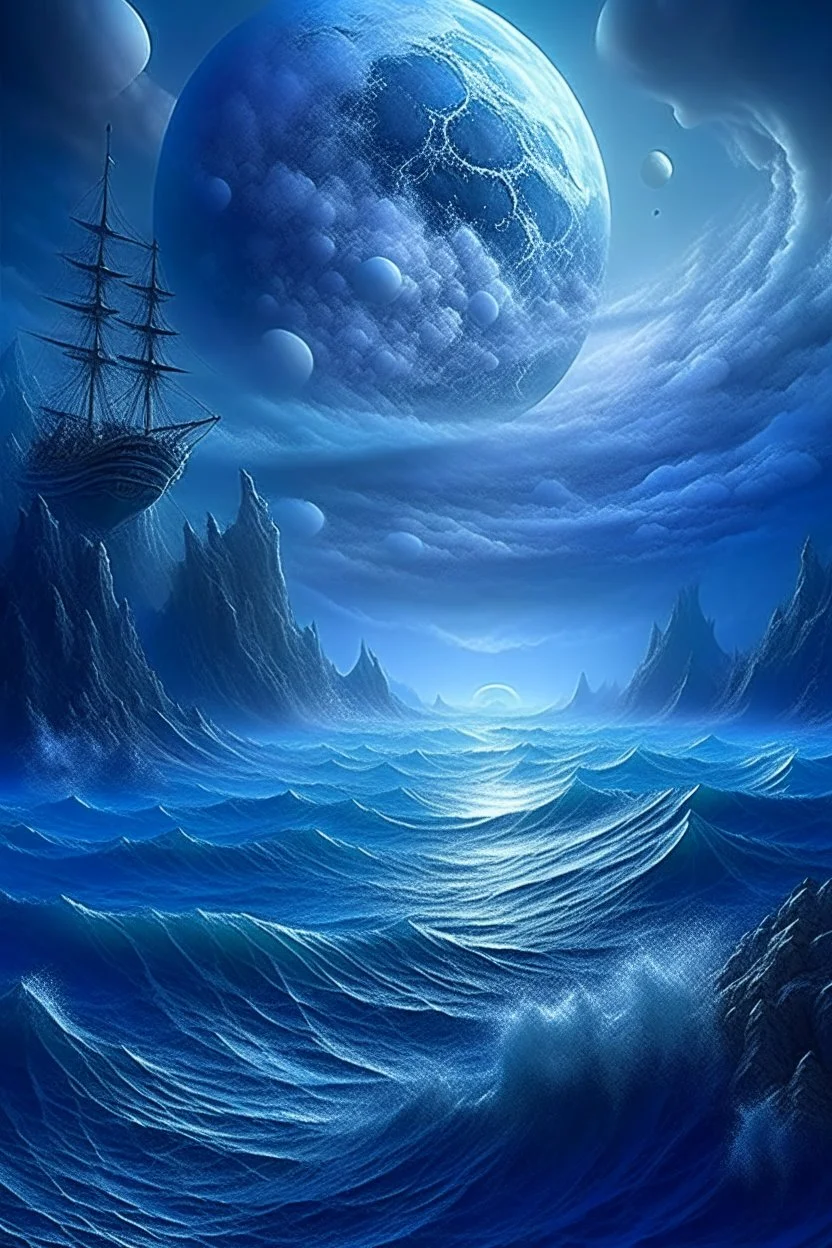 raging sea, blue-white, airy, wind, clouds of smoke, epic, fabulous landscape,3D,horror, 16k,surrealism,detailed drawing of details, transparent watercolor, clear outline, starfall, beautiful night landscape, dark fantasy, blue, white, lilac, neon, detailed, engraving, color illustration, star map, moon, stars, space