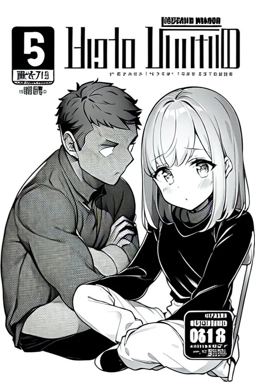 manga chapter cover, a boy is sitting on the ground next to a girl, greyscale