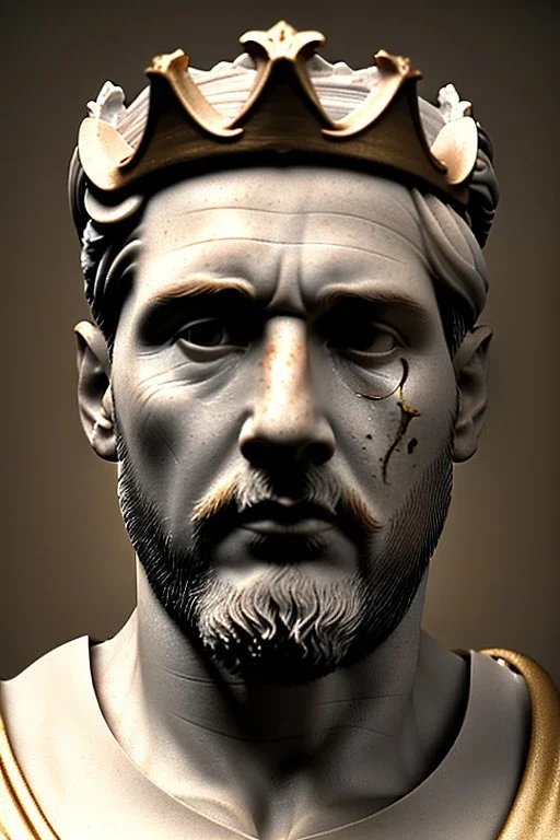 Ultra Realistic image, classical renaissance sculpture, white marble and gold material, Lionel Messi, emperor style, gold Laurel leaves crown, chisel style, waist up portrait, epic, celestial, cinematic lighting, God light, god rays, 4k resolution, smooth details, ornate details, soft lighting, unreal engine 5, sky background.