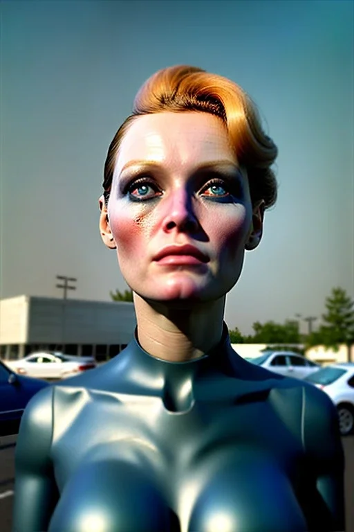 Ultra Realistic retro sci-fi, Supermarket parking scene, 1960 year, blonde woman, sweet young Juliane moore face, x ray lights eyes, face makeup, tight latex coat, levitating cars, many panic people, Retro sci-fi style, soft color, highly detailed, unreal engine 5, ray tracing, RTX, lumen lighting, ultra detail, volumetric lighting, 3d, finely drawn, high definition, high resolution.