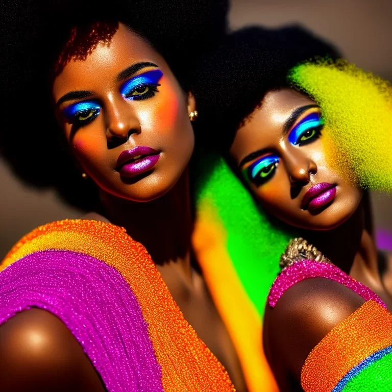 masterpiece, best quality, woman, dark skinned, sparkling eyes, fluorescent skin, colorful makeup, afro, full portrait, highly detailed body, sun light, 4K, RAW, depth of field, high contrast, realistic details, 24mm