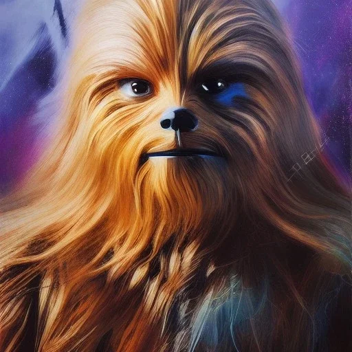 photorealistic and intricate portrait of chewbacca in star wars by Agnes Cecile, vivid colors, hyperdetailed, 32K, oil on canvas,