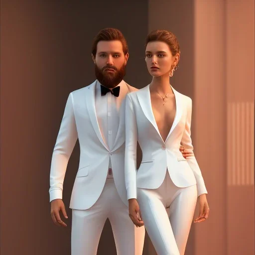 8K, a Highly detailed stunning image of Dom man with a submissive woman, woman pose Nadu, a white suit, beard, and short hair,