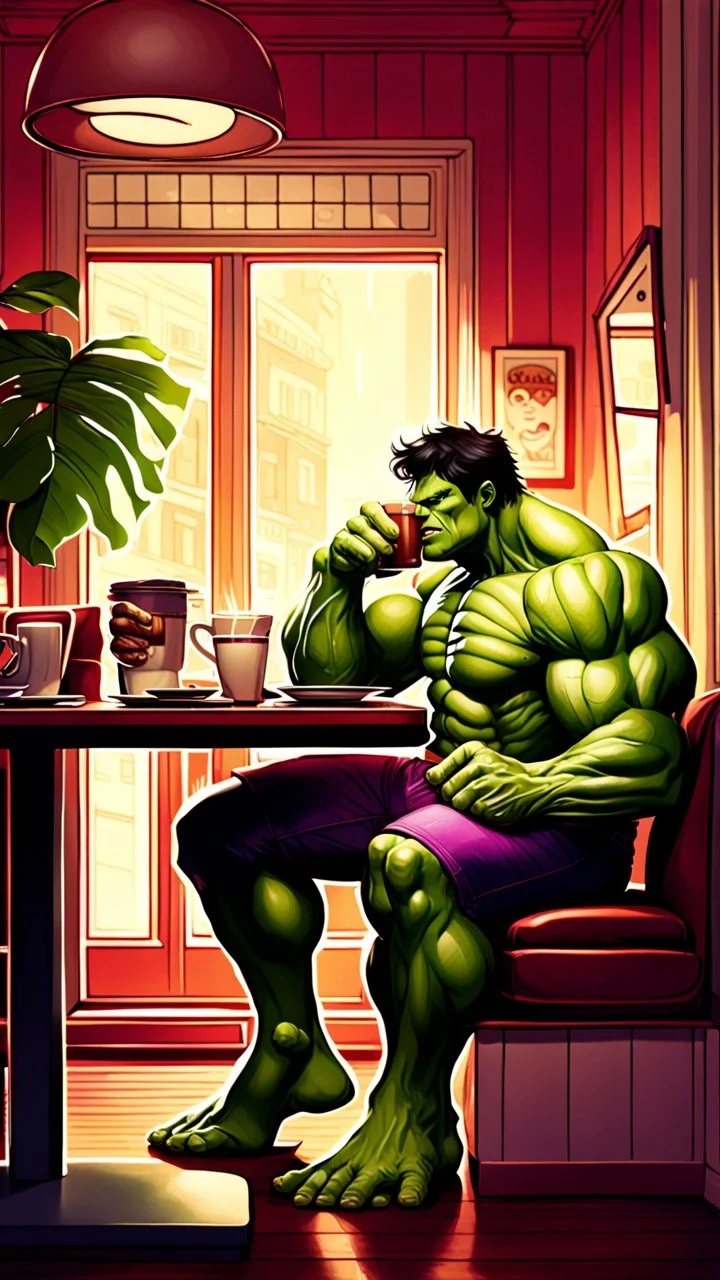 Artgerm, hulk sitting at a cosy diner, having a coffee, vain attitute, serenity, detailed, 8k, q2
