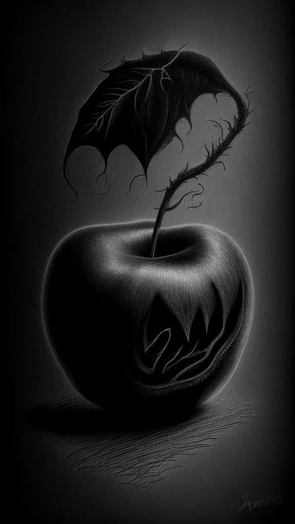 pencil drawing of poison apple. Spooky, scary, halloween, realistic, black paper