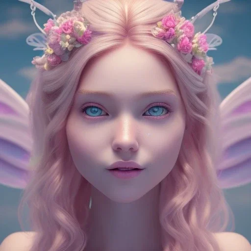 a pink castle, a cheerful fairy in front, big smile, pink, blonde hair, beautiful, whole face, whole top hair head, wide open blue eyes, transparent wings onn the back, hyperrealism, masterpiece, expert, cinematic lighting, sharp focus, 8K, pastel, macro lens, woman, detailed, flower