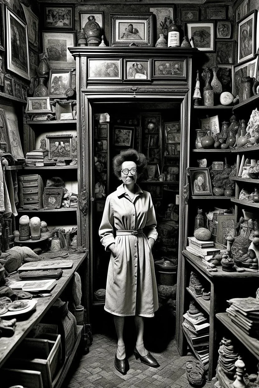 she stands within the confines of a closet, surrounded by a cabinet of curiosities. These evocative creations capture a melancholic mood, photorealist, revealing the inner struggle of a soul torn between her desire for freedom and the weight of her own uniqueness. Shoot by a leica camera by Cartier-Bresson, very low contrast