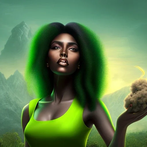 fantasy setting, femme indienne aux cheveux noir avec des boucles vertes