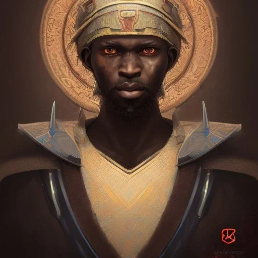 African warrior, ominous, dnd character portrait, waist up portrait, intricate, oil on canvas, masterpiece, expert, insanely detailed, 4k resolution, retroanime style, cute big circular reflective eyes, cinematic smooth, intricate detail , soft smooth lighting, vibrant colors, hokusai style arm sleeve tatoo