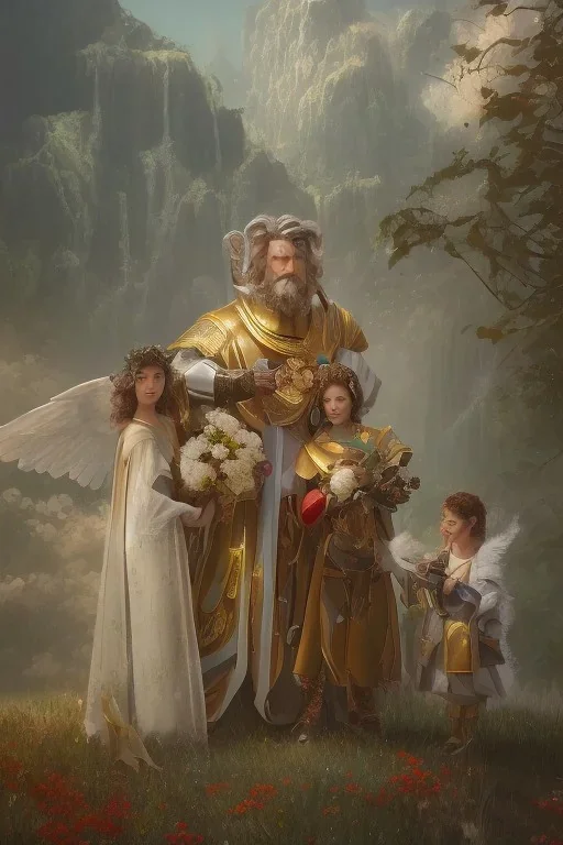 family portrait, detailed hands, detailed faces, ebony family, at dawn by atey ghailan, golden light, white robe, holding leaves and flowers, angels background, volumetric light, high detail, red leaf tree, mountains in background, perfect, angels