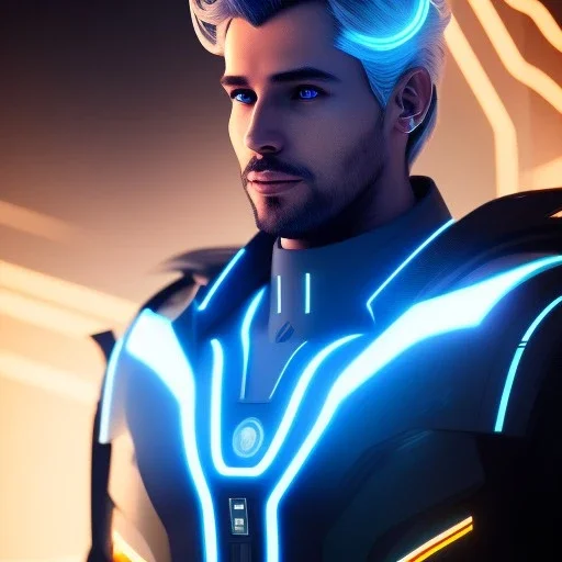 Handsome sexy galactic man with blue and blond hair in the wind, lightining tron suit, lights, hight détails, cinematic, artstation, unreal engine 5, stars in background