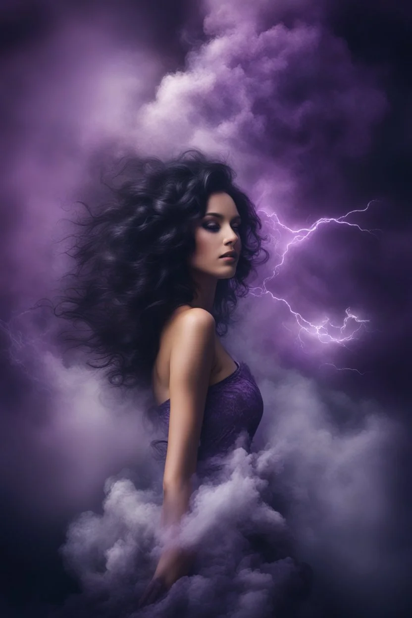 abstract creation of a beautiful girl with black curly hair, surrounded by stormy clouds, wrapped in thick purple and white smoke, breathtaking beautiful, lightning, bright colours,chaos,