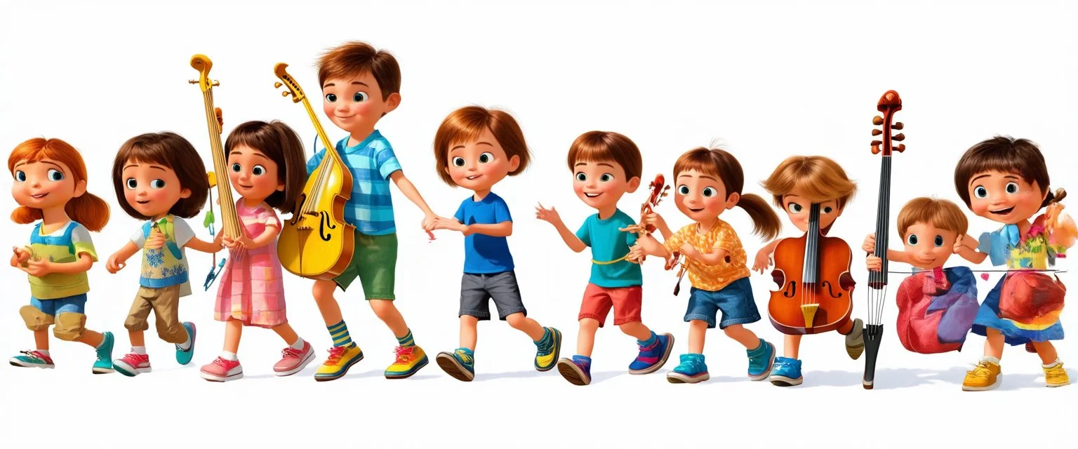 children joyfully walking with musical instruments. Pixar Digital painting illustration