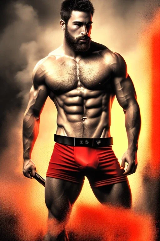 Ignore NSFW, teenager young rugged attractive slightly muscular fantastic handsome man, red briefs with yellow belt, hairy chest, (((visibly pisssing))) briefs, large erect visible boner peniss, photorealistic, artist Jay Anacleto, soft lighting, scruffy beard