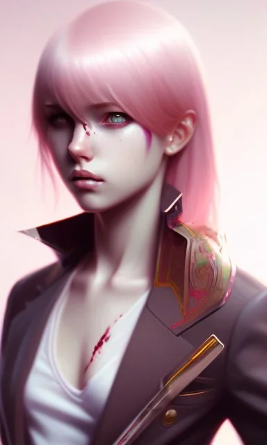 girl, cute, beautiful, pink hair, brown eyes, long hair, bangs, knife in hand, blood on face, by Greg Rutkowski, big boobs, blazer, yandere