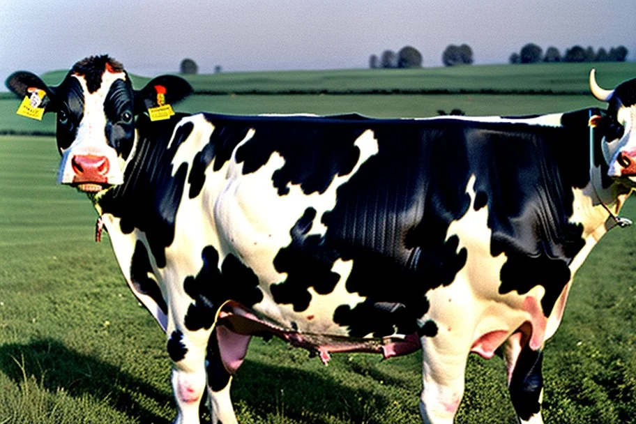 A cow sit on an vittorian armchair in large field, shooted by Cartier-Bresson