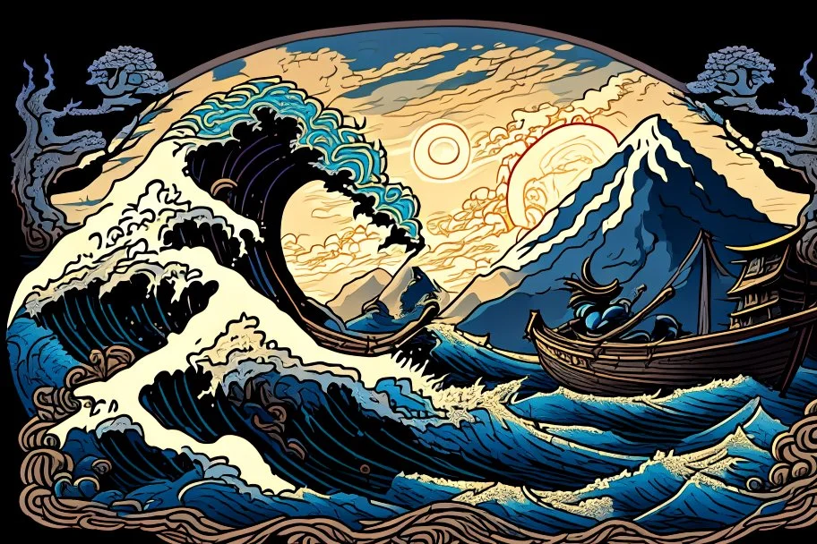 digital painting of the odyssey quest with the mythos by homer, in the style of hokusai