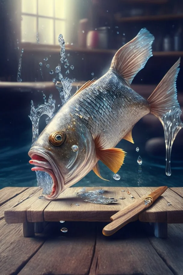 portrait of a beautiful genius fish with hands and fingers, down in the sparkly water, producing a wooden table and a big knife, 3d rendering, depth of field