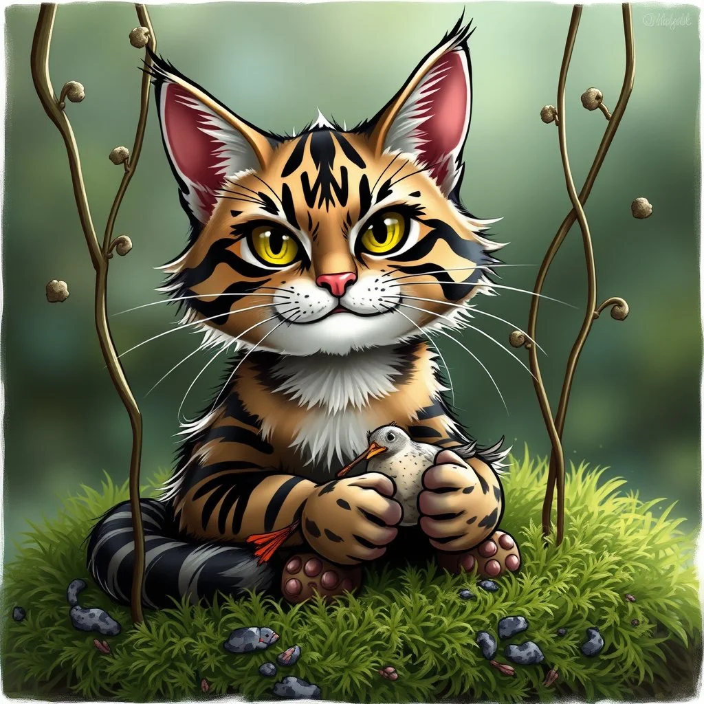 caricature from an european wild cat sitting in moss, between tendrils and a dead little bird lies between his paws, looks casually and devilishly at the camera, caricature style, detailed, kind, humorous, sharp lines, comic, digital art , blur background