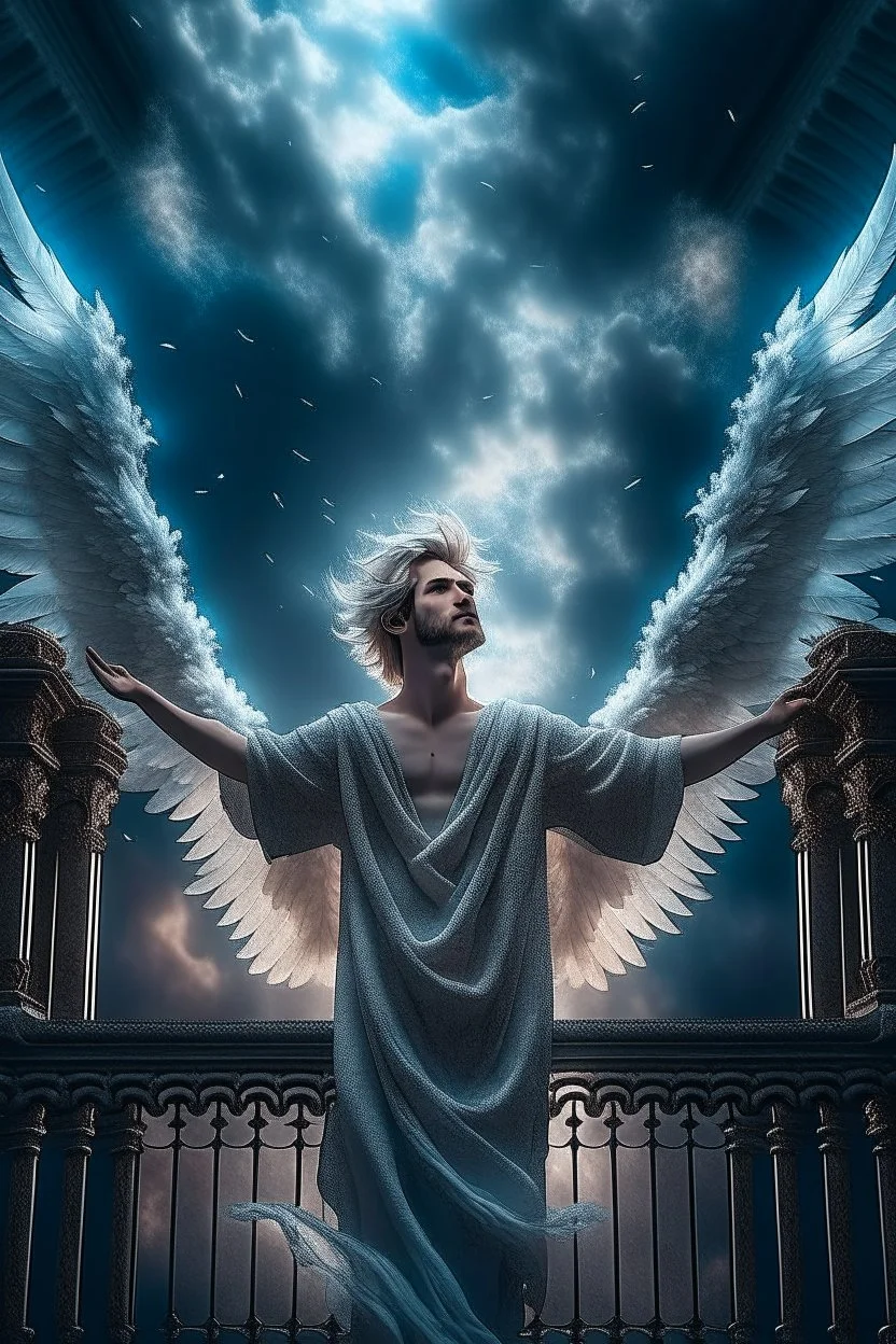 arms up towards heaven, hair standing straight up, fluffy clouds, intense eyes,looking upwards, white pupils, close facial portrait of the streetwise magician posing in elaborate cape, angels and demons, fireflies , staircase with closed gates of heaven, 4 k, down light, depth of field, trending art, high detail