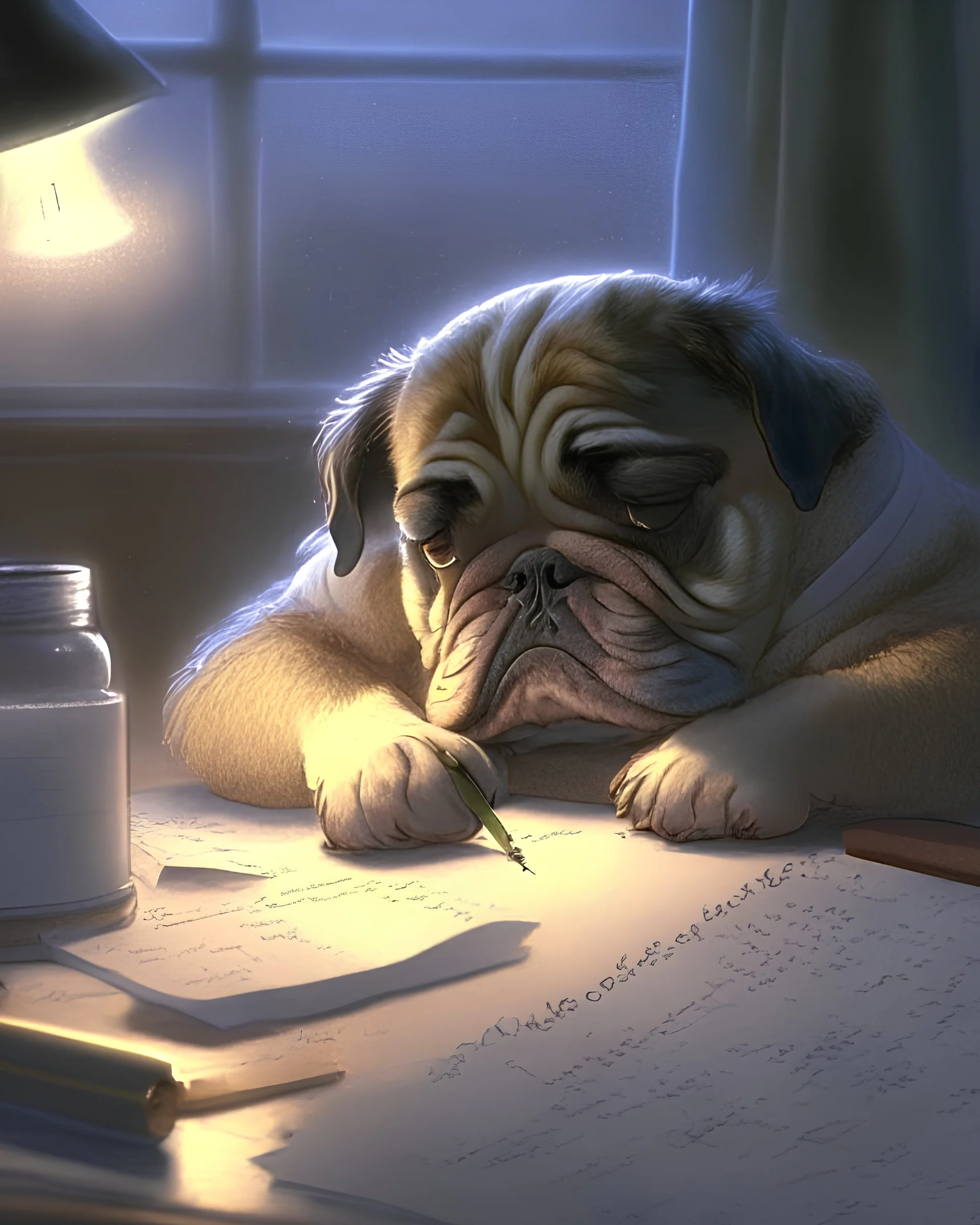 an exhausted pepe the dog commiting tax fraud, paperwork, desk, cozy, night- key lighting, soft lights, foggy, by steve hanks, by lisa yuskavage, by serov valentin, by tarkovsky, 8 k render, detailed, cute cartoon style, very cute face